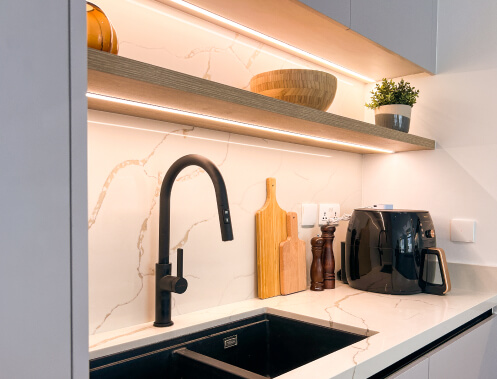 Modern Grey Kitchen  with Waterfall Island